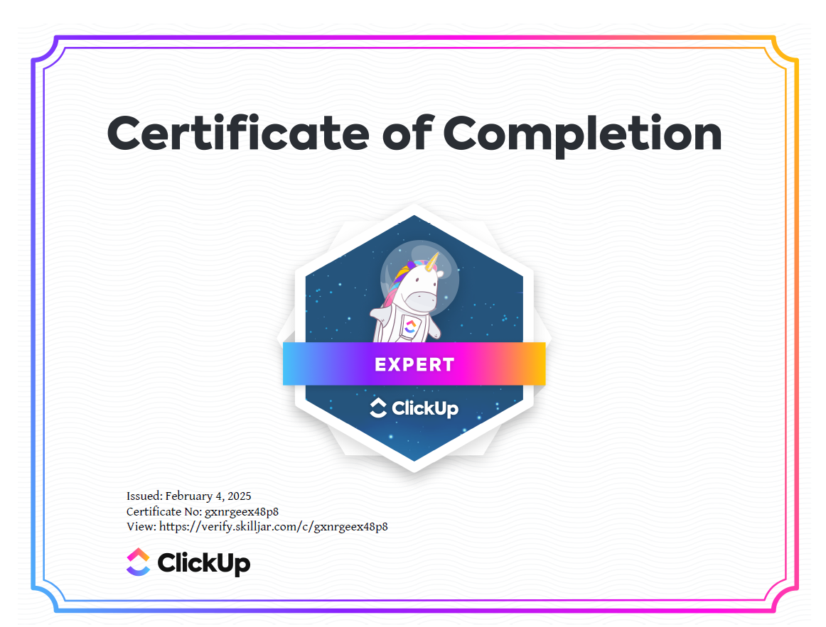 ClickUp Expert Certification for Ace de Guzman